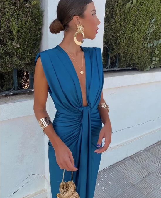 Women’s Elegant V-Neck Pleated Draped Midi Dress
