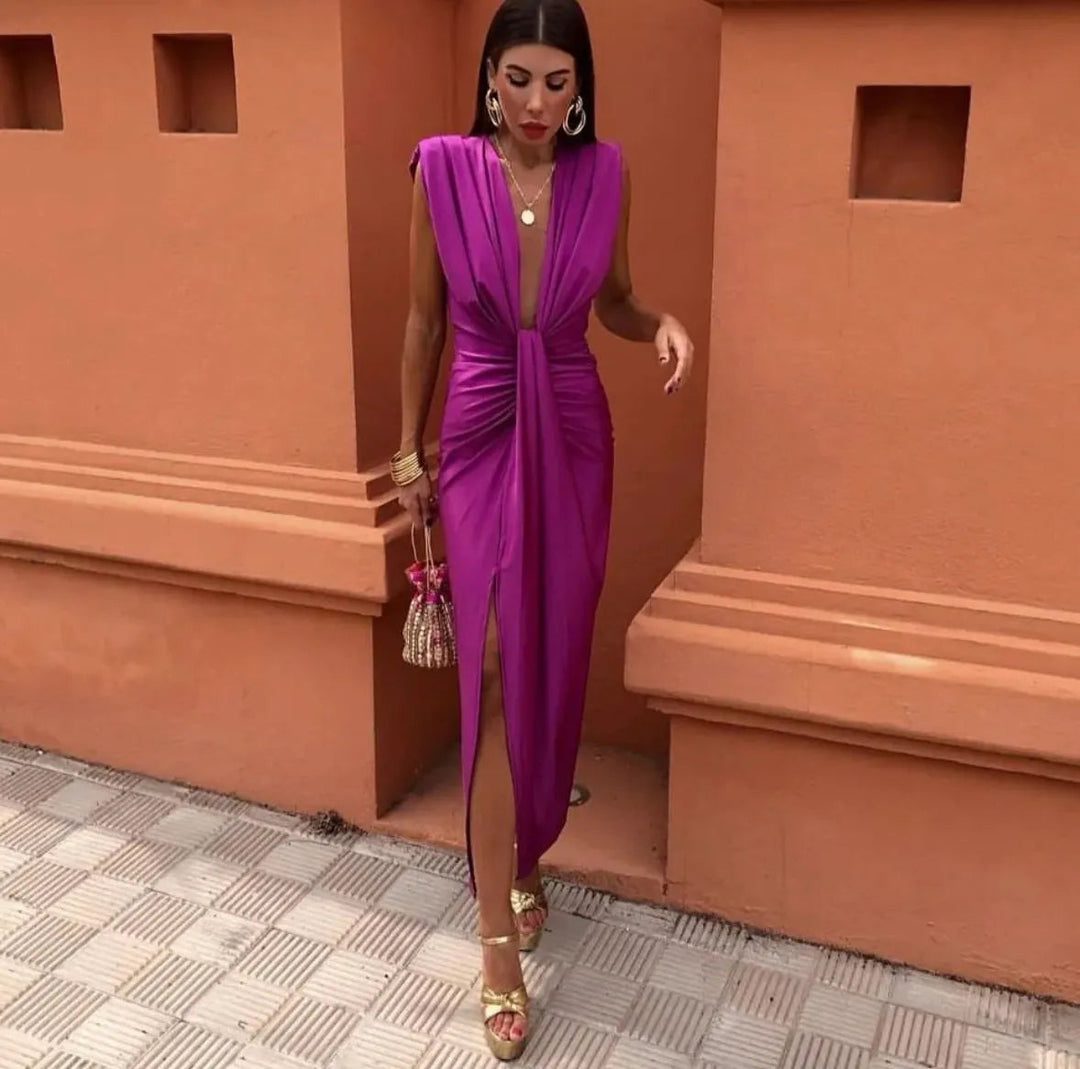 Women’s Elegant V-Neck Pleated Draped Midi Dress