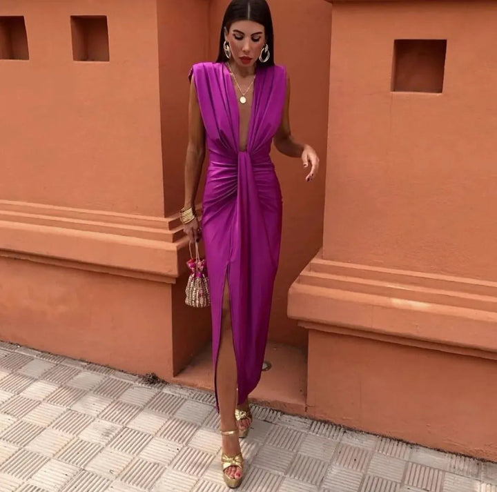 Women’s Elegant V-Neck Pleated Draped Midi Dress