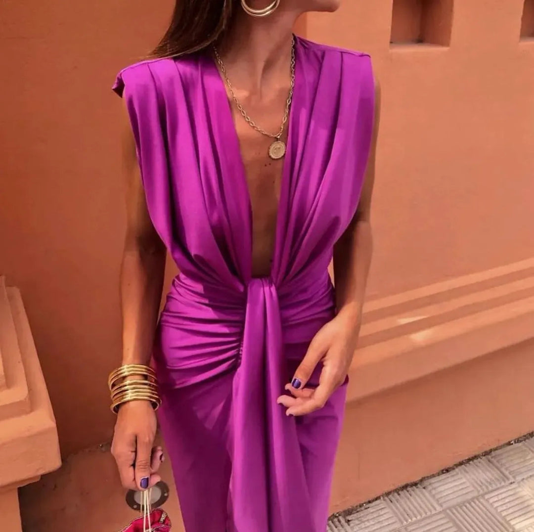 Women’s Elegant V-Neck Pleated Draped Midi Dress