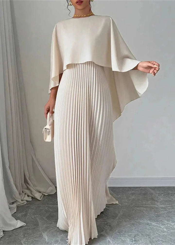 Women’s Pleated Maxi Dress With Cape Overlay And Elegant Evening Style