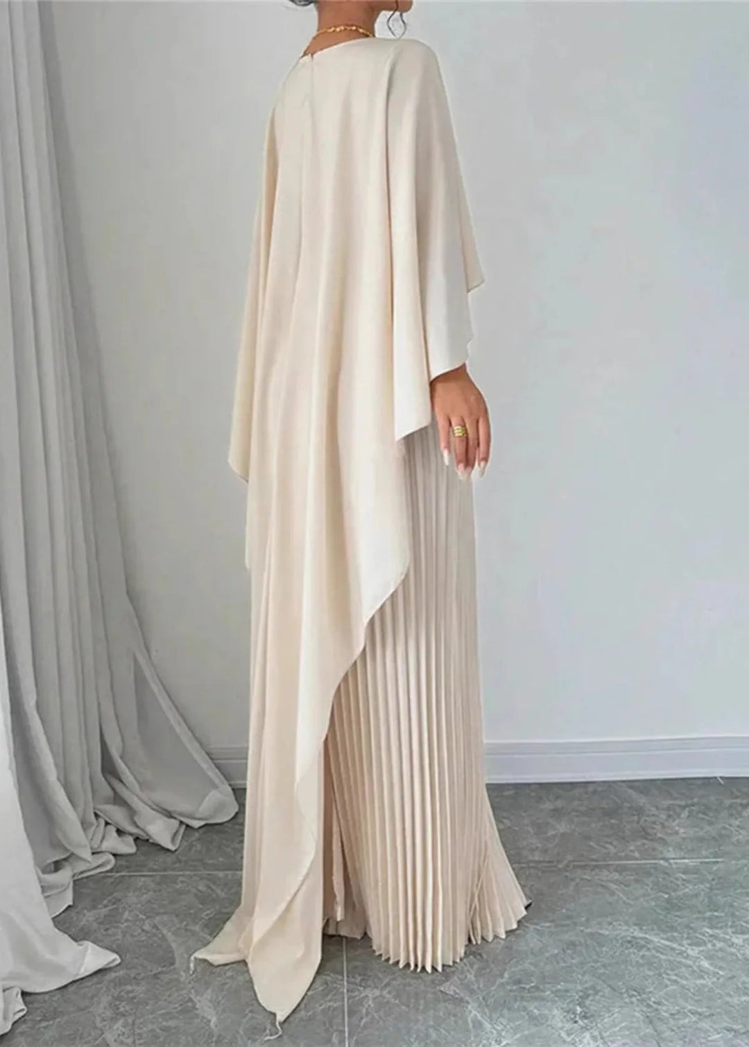 Women’s Pleated Maxi Dress With Cape Overlay And Elegant Evening Style