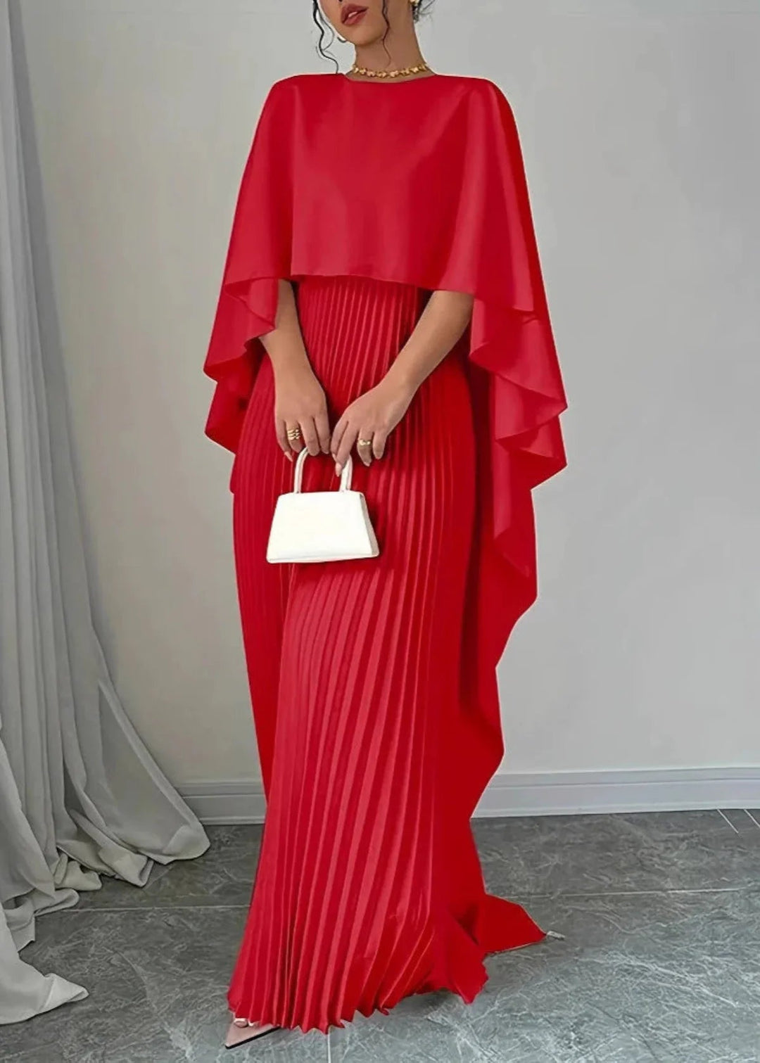 Women’s Pleated Maxi Dress With Cape Overlay And Elegant Evening Style
