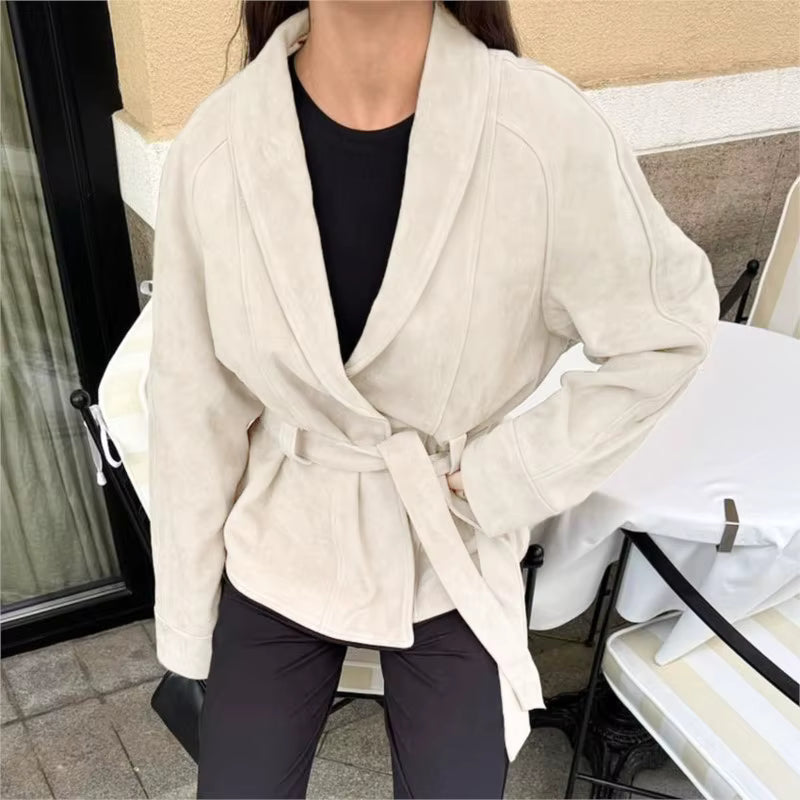 Camille | Women's Belted Suede Coat with Lapel Collar
