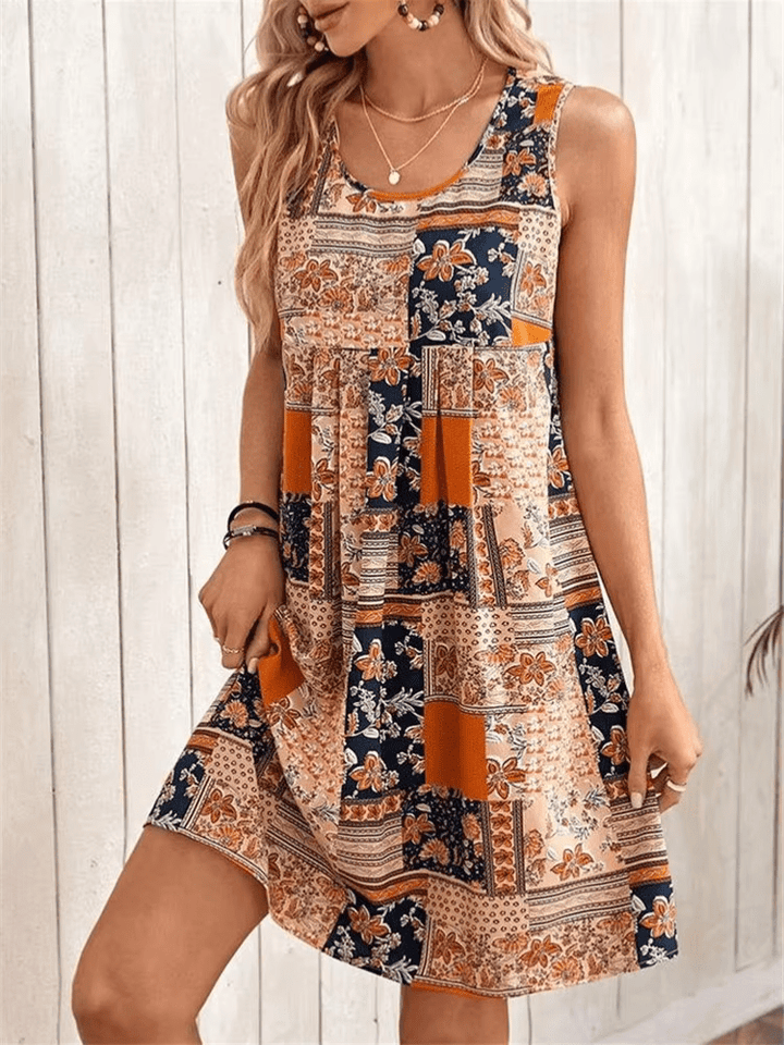 Women’s Boho Patchwork Print Sleeveless Mini Dress