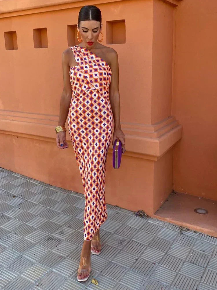 Women’s One-Shoulder Print Bodycon Midi Dress