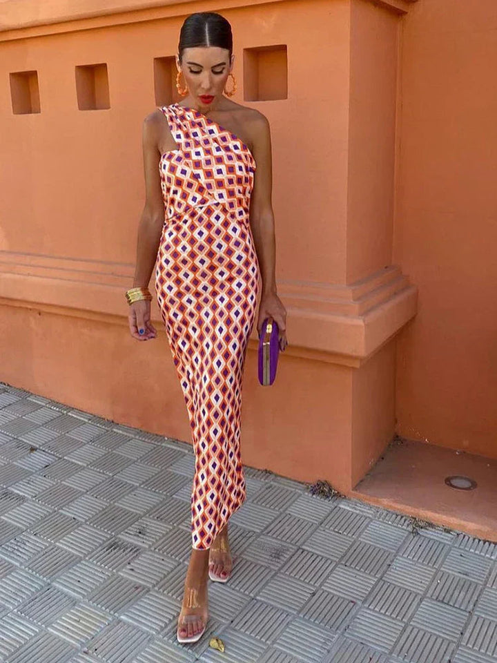 Women’s One-Shoulder Print Bodycon Midi Dress