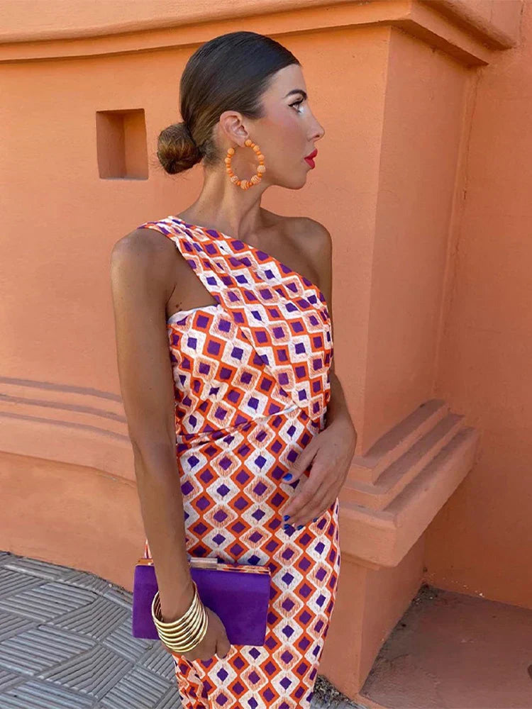 Women’s One-Shoulder Print Bodycon Midi Dress