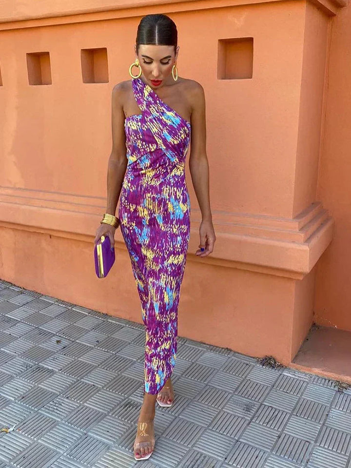 Women’s One-Shoulder Print Bodycon Midi Dress