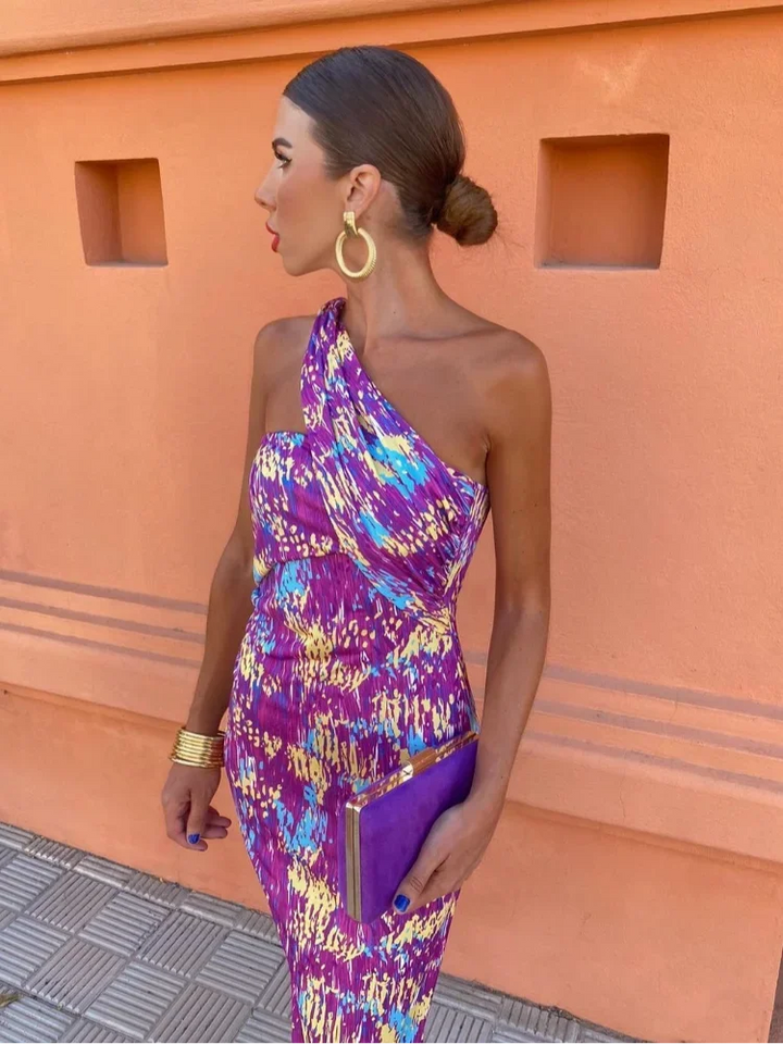 Women’s One-Shoulder Print Bodycon Midi Dress