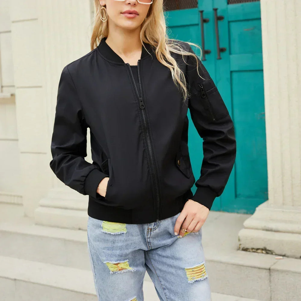 Harlow | Women's Casual Ribbed-Collar Zip-Up Bomber Jacket