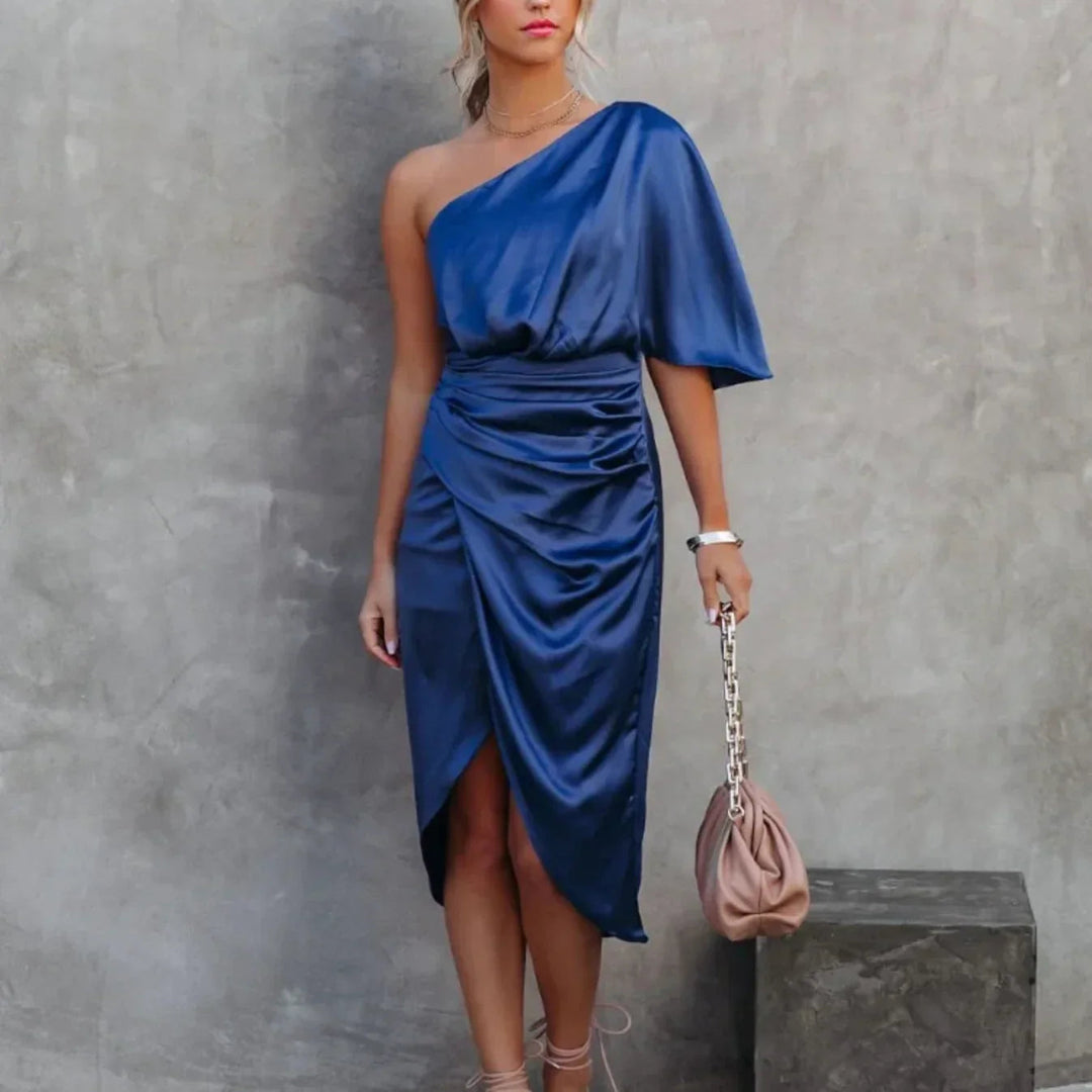Women’s One-Shoulder Satin Wrap Midi Dress