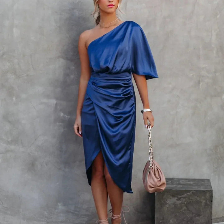 Women’s One-Shoulder Satin Wrap Midi Dress