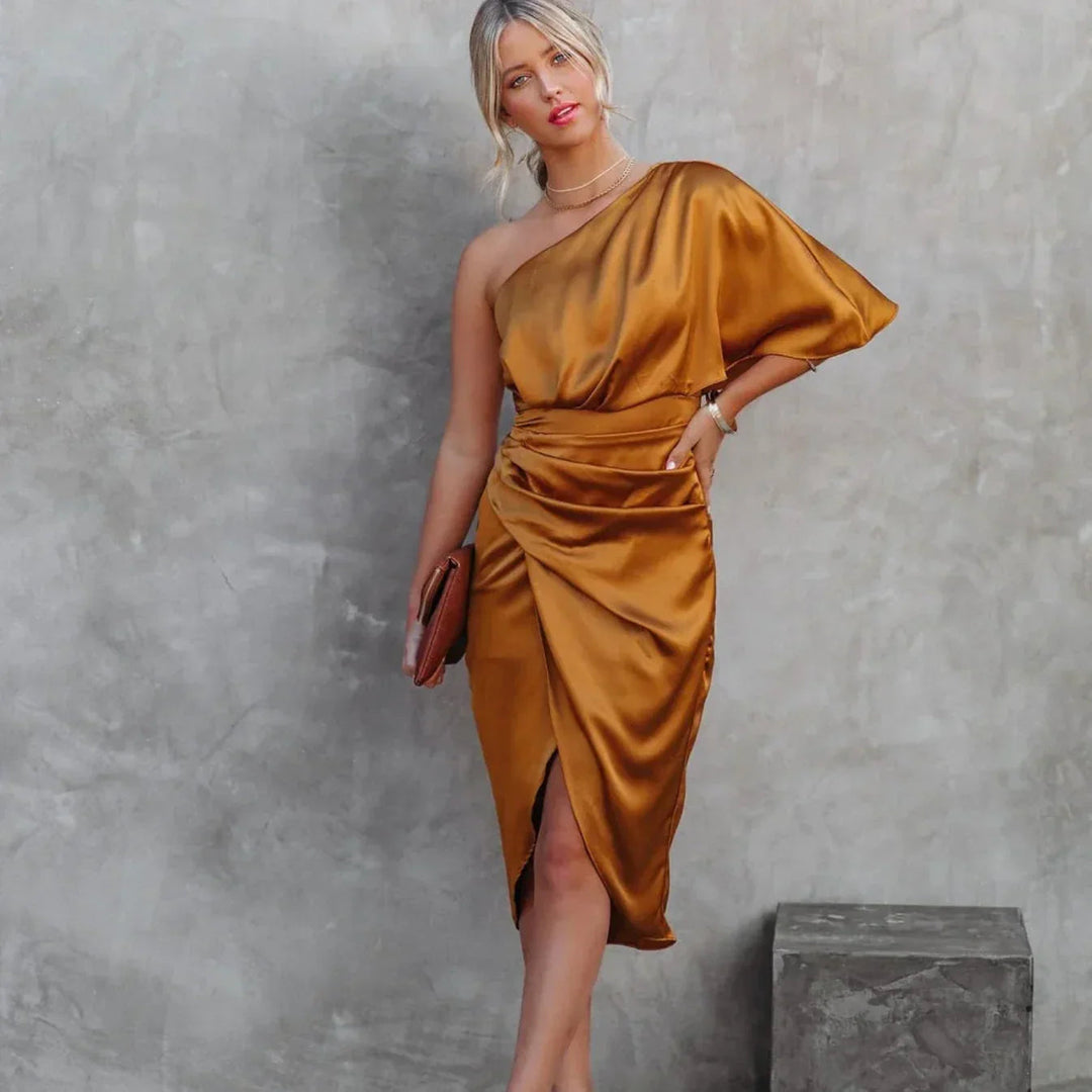 Women’s One-Shoulder Satin Wrap Midi Dress