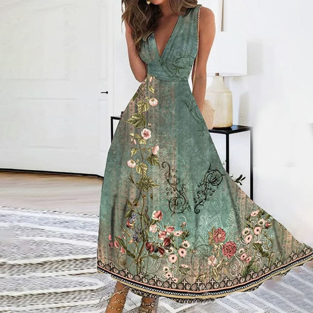 Women’s Sleeveless Floral Print V-Neck Maxi Dress