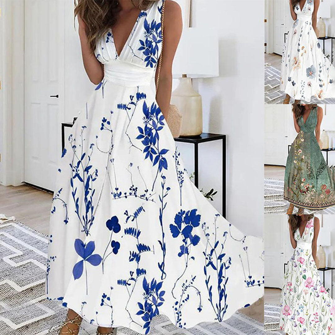 Women’s Sleeveless Floral Print V-Neck Maxi Dress