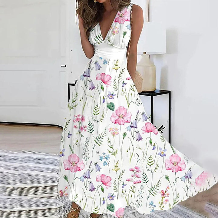 Women’s Sleeveless Floral Print V-Neck Maxi Dress
