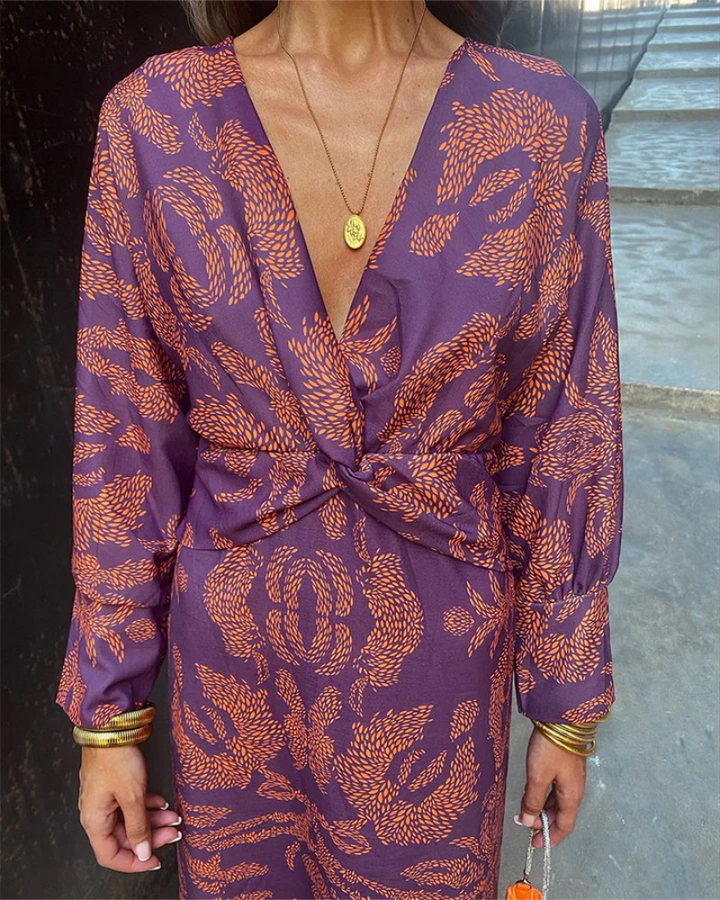Women’s Elegant Printed Long Sleeve Midi Dress