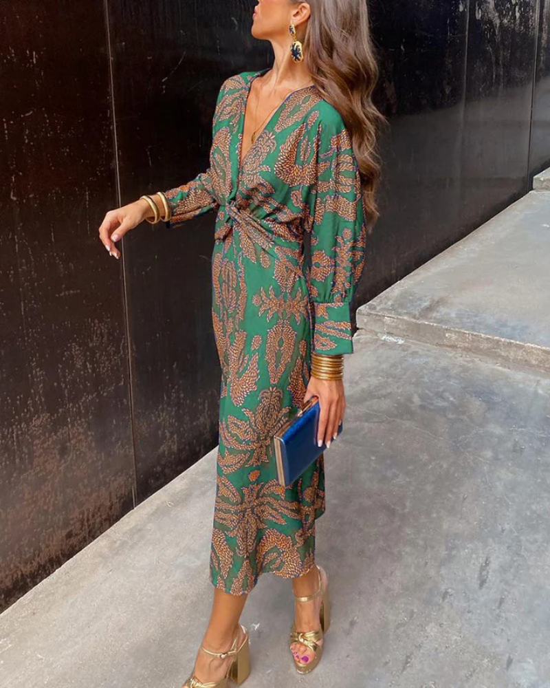Women’s Elegant Printed Long Sleeve Midi Dress