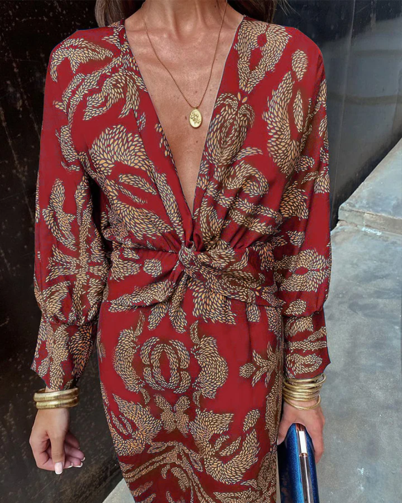 Women’s Elegant Printed Long Sleeve Midi Dress
