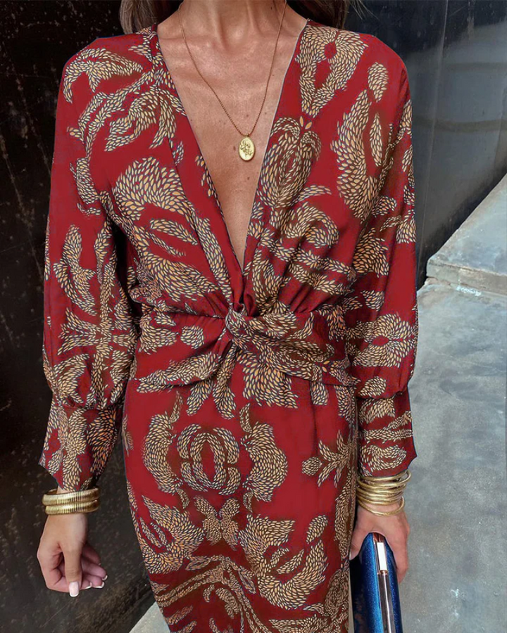 Women’s Elegant Printed Long Sleeve Midi Dress