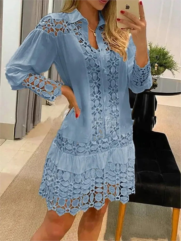 Women’s Summer Lace Mini Dress With Long Sleeves And Button Front