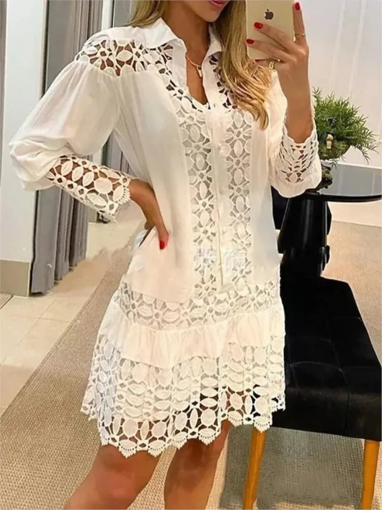 Women’s Summer Lace Mini Dress With Long Sleeves And Button Front