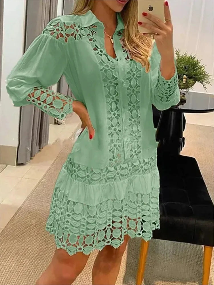 Women’s Summer Lace Mini Dress With Long Sleeves And Button Front