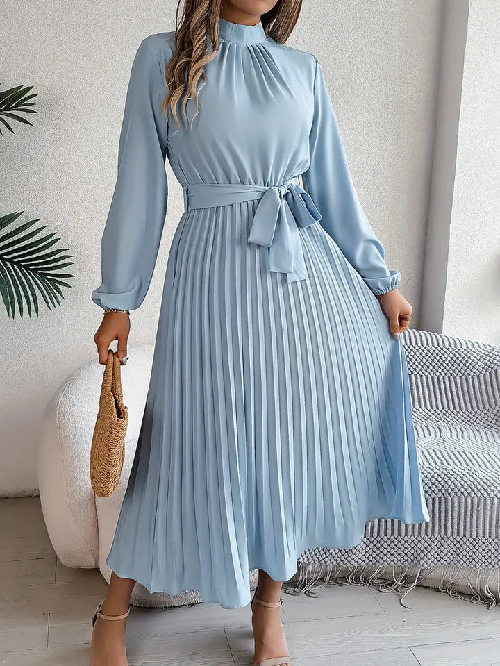 Women’s Pleated Midi Dress With Belted Waist And Long Sleeves