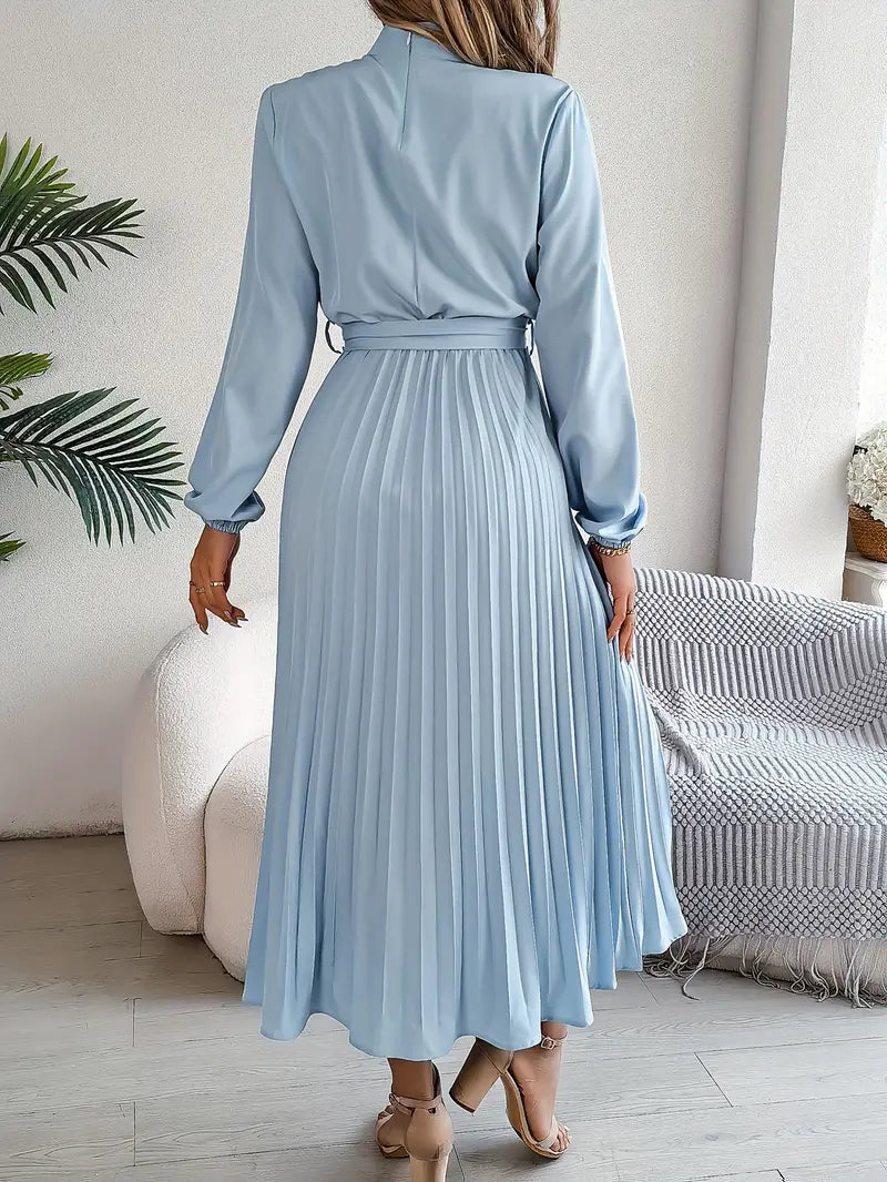 Women’s Pleated Midi Dress With Belted Waist And Long Sleeves