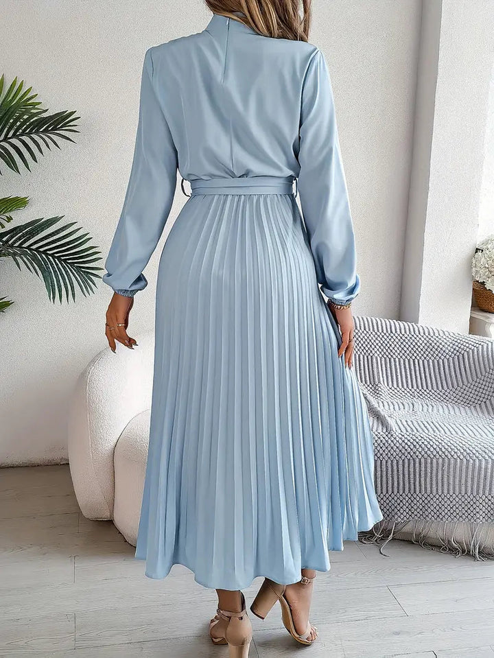 Women’s Pleated Midi Dress With Belted Waist And Long Sleeves