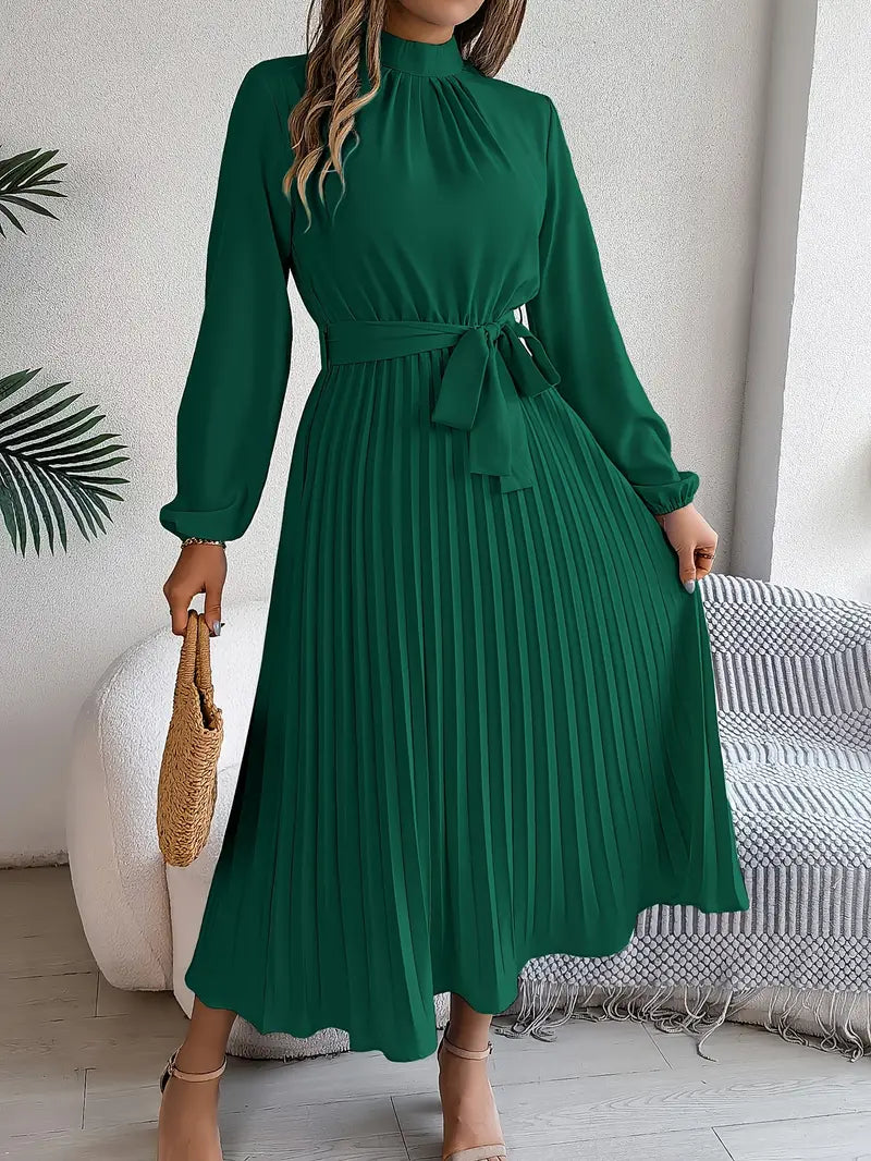 Women’s Pleated Midi Dress With Belted Waist And Long Sleeves