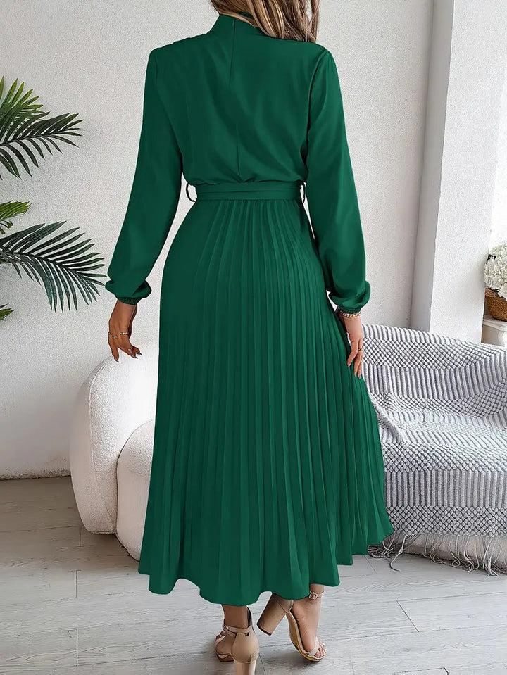 Women’s Pleated Midi Dress With Belted Waist And Long Sleeves