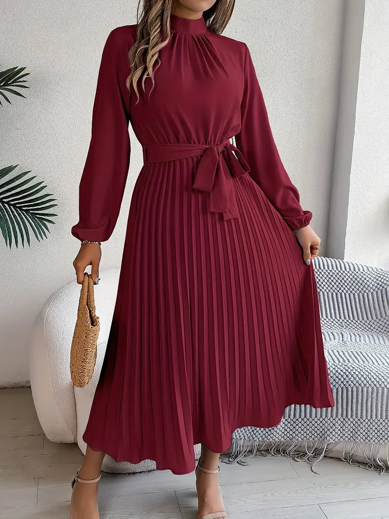 Women’s Pleated Midi Dress With Belted Waist And Long Sleeves