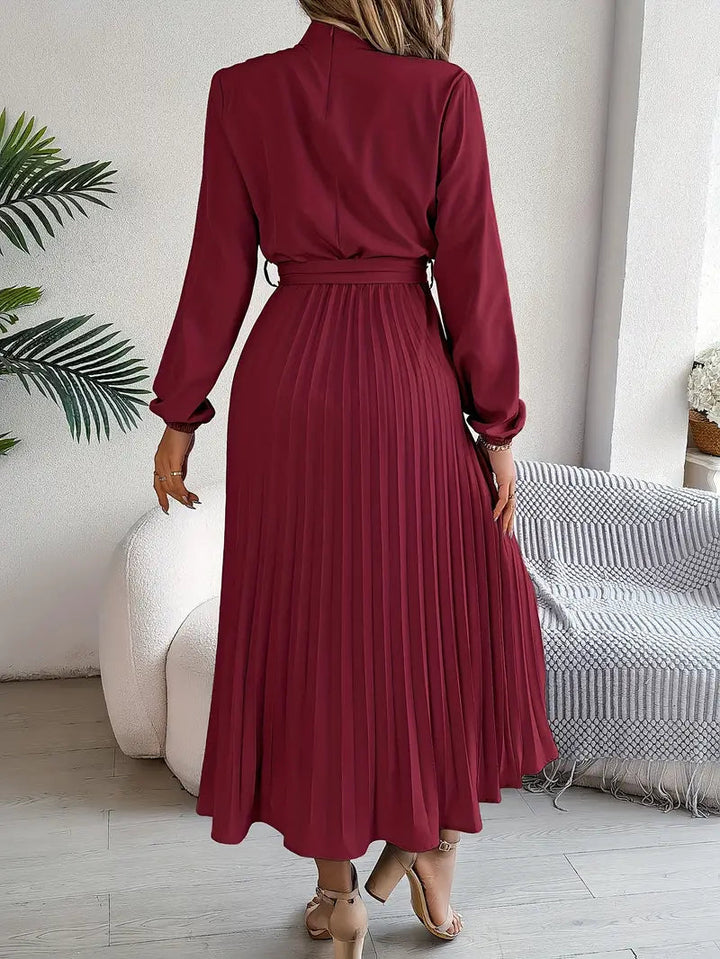 Women’s Pleated Midi Dress With Belted Waist And Long Sleeves