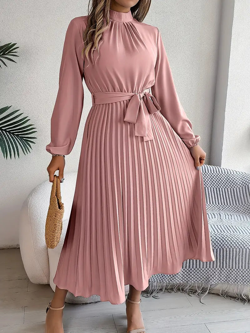 Women’s Pleated Midi Dress With Belted Waist And Long Sleeves