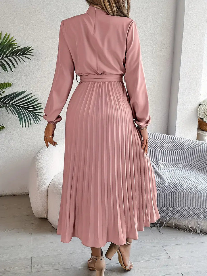 Women’s Pleated Midi Dress With Belted Waist And Long Sleeves