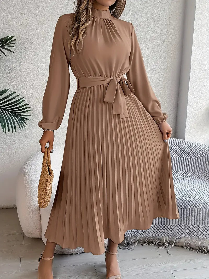 Women’s Pleated Midi Dress With Belted Waist And Long Sleeves