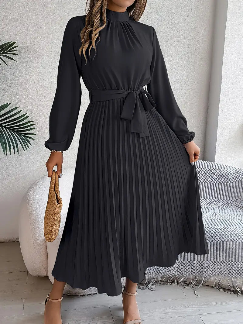 Women’s Pleated Midi Dress With Belted Waist And Long Sleeves