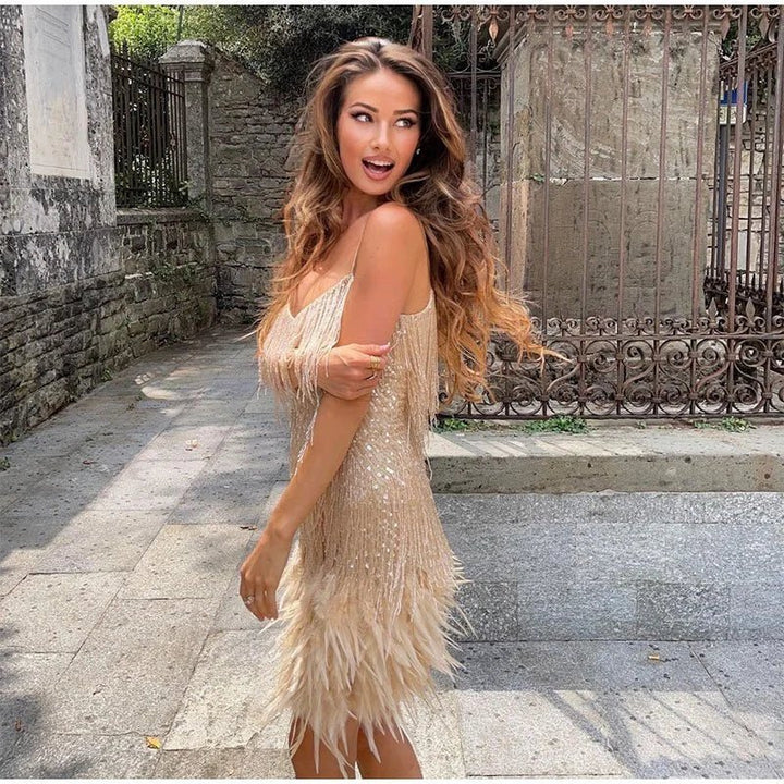 Women’s Glamorous Feather Sequin Cocktail Dress