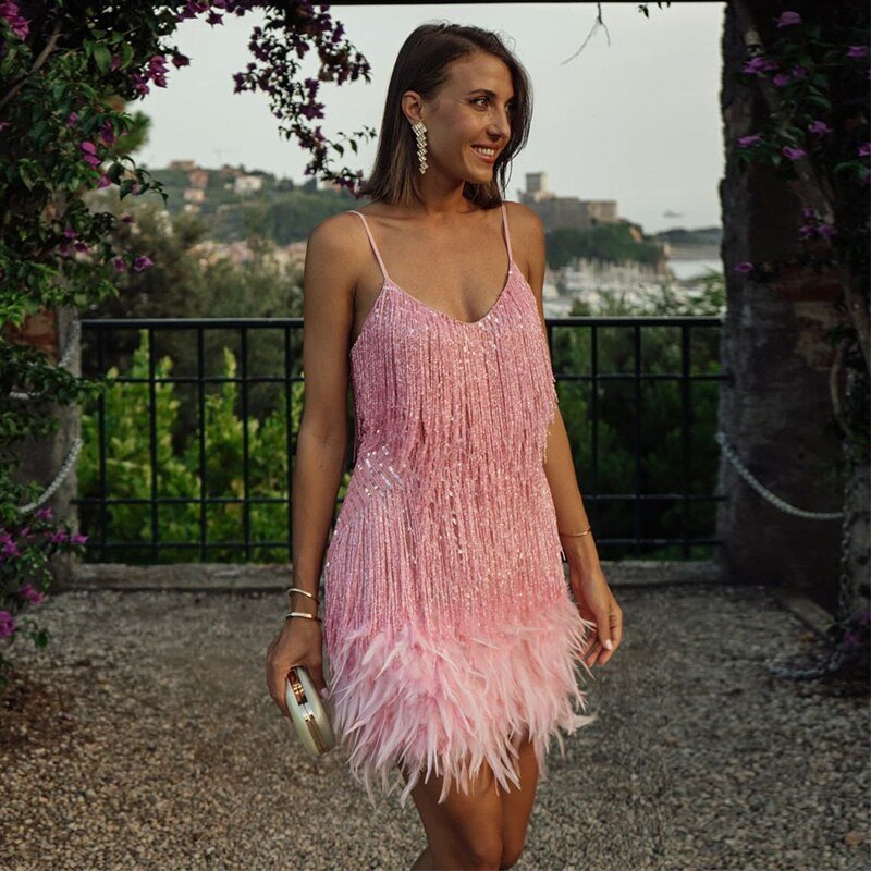Women’s Glamorous Feather Sequin Cocktail Dress