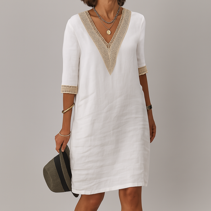Women’s Linen Midi Dress With V-Neck Crochet And Three-Quarter Sleeves