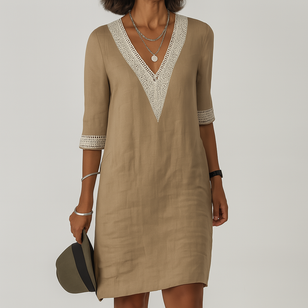 Women’s Linen Midi Dress With V-Neck Crochet And Three-Quarter Sleeves