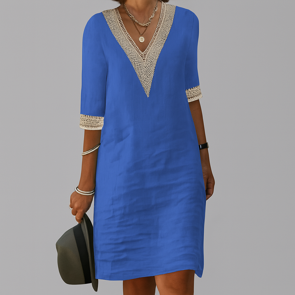 Women’s Linen Midi Dress With V-Neck Crochet And Three-Quarter Sleeves