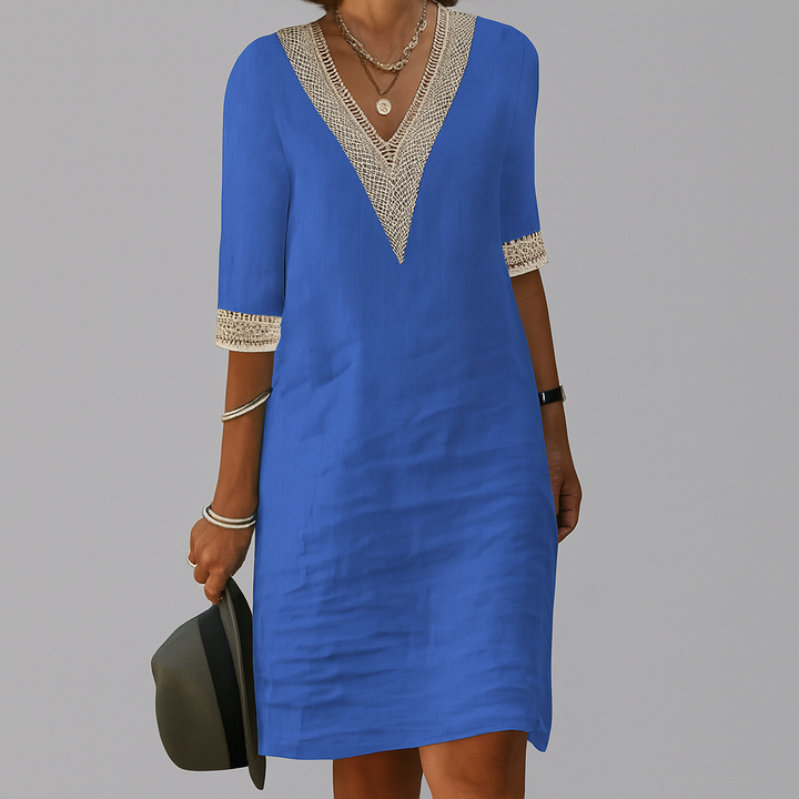 Women’s Linen Midi Dress With V-Neck Crochet And Three-Quarter Sleeves