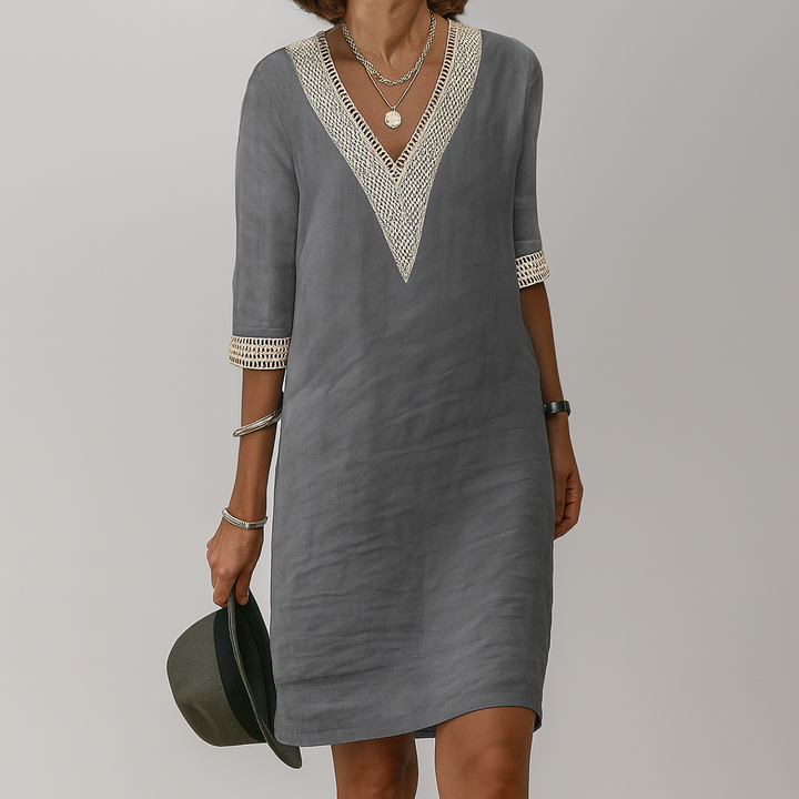 Women’s Linen Midi Dress With V-Neck Crochet And Three-Quarter Sleeves