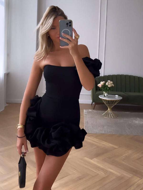 Women’s One-Shoulder Ruffle Layered Mini Dress