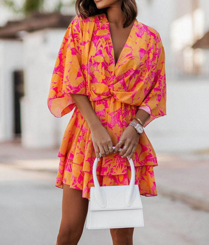 Women’s Floral Print Twist-Front Ruffle Summer Mini Dress