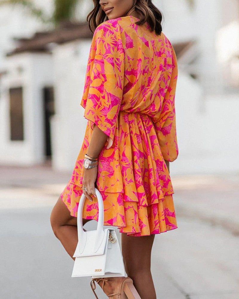 Women’s Floral Print Twist-Front Ruffle Summer Mini Dress