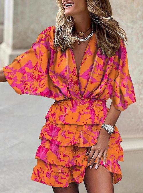 Women’s Floral Print Twist-Front Ruffle Summer Mini Dress